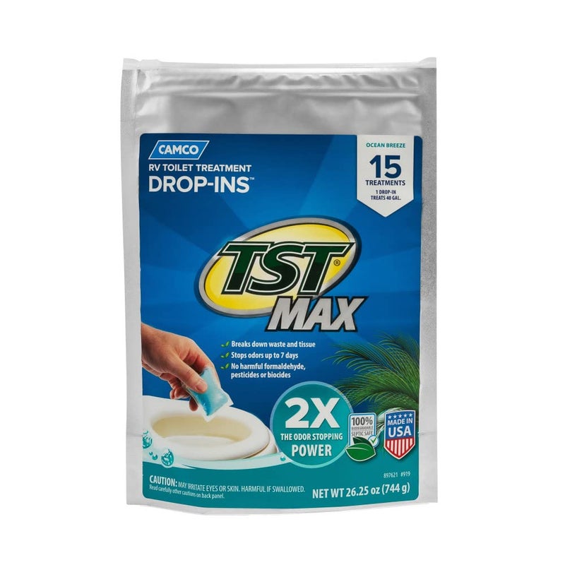 Camco كامكو TST MAX علاج مرحاض RV - التحكم في الروائح غير المرغوب فيها وتفكيك النفايات والأنسجة - آمن لخزانات الصرف الصحي - رائحة نسيم المحيط - 15 حزمة (41614) - Image 1